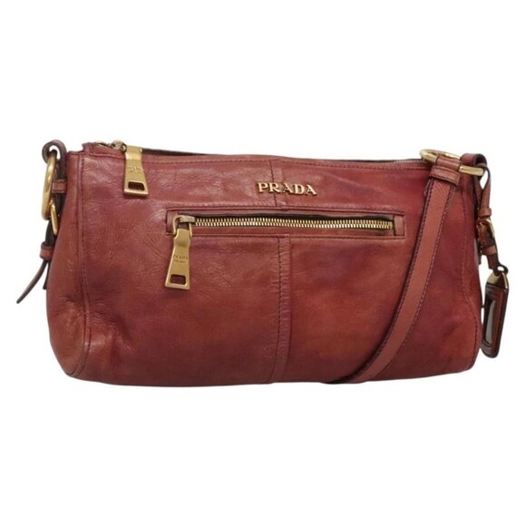 PRADA Shoulder Bag Leather Red Gold Auth 138256 - Picture 1 of 16